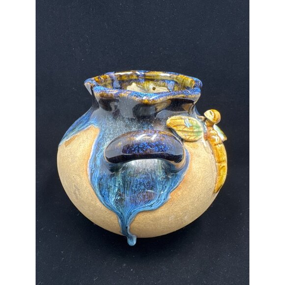 Vintage Art Pottery Vase Blue Drip Glaze w/ Dragonfly Design Handles Home Decor - Picture 6 of 10